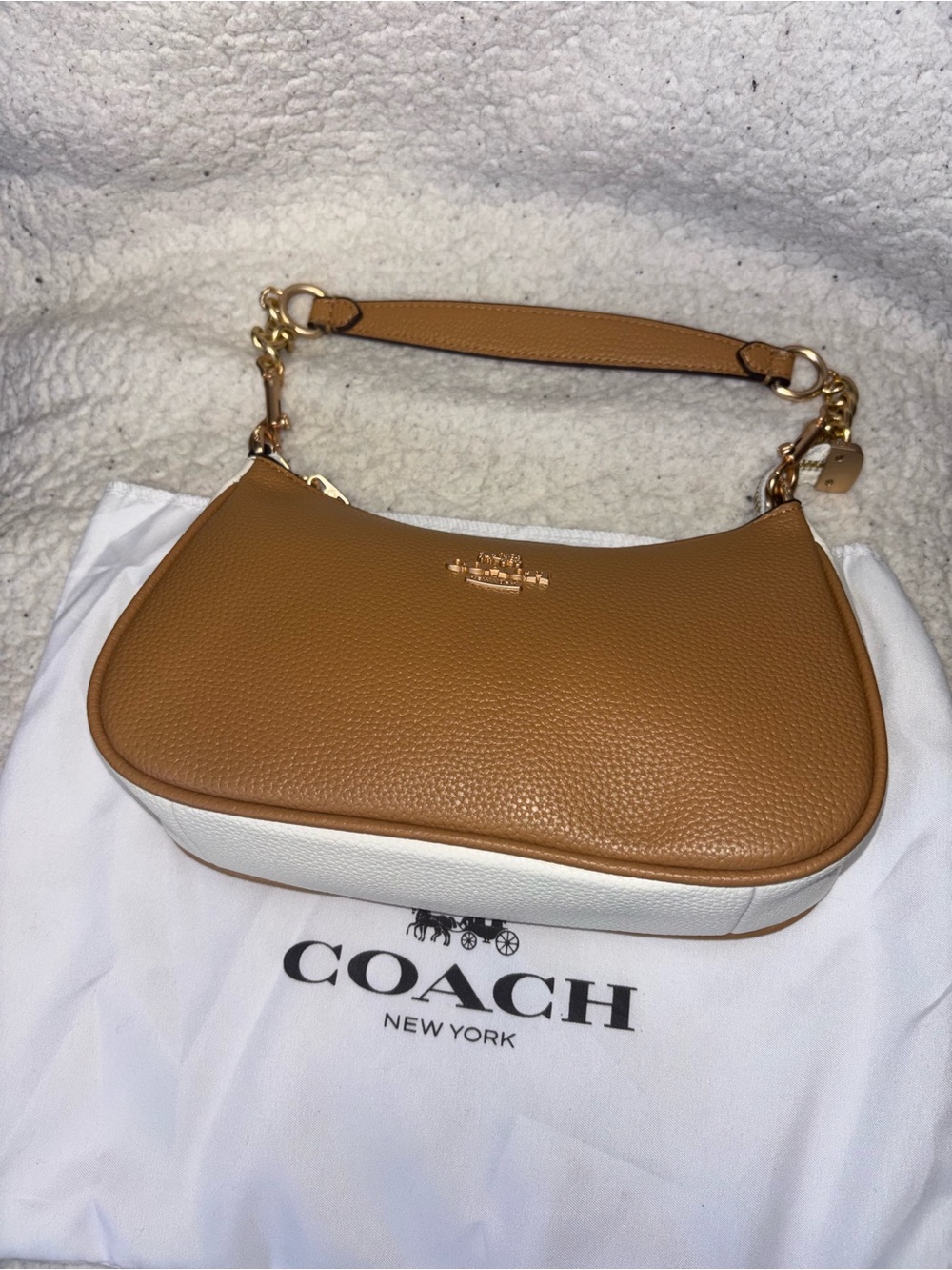 Coach Two-Tone Tan and White Pebbled Leather Shoulder Bag with Gold Hardware